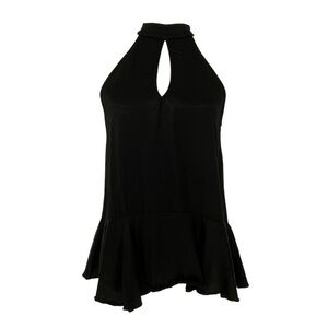 Maven West Black Halter Mock Neck Peplum Sleeveless Keyhole Blouse, Small